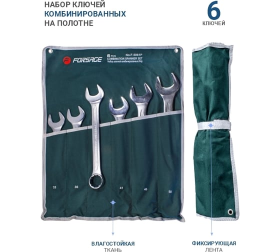 Набор ключей комбинированных Forsage 6 предметов 33, 36, 38, 41, 46, 50 мм, на полотне F-5061P(17647)