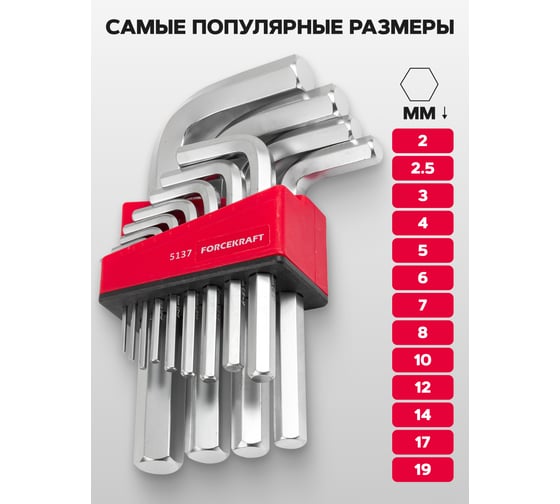 Набор ключей Forcekraft Г-образных 6-гранных, 13пр., в блистере FK-5137(29603)