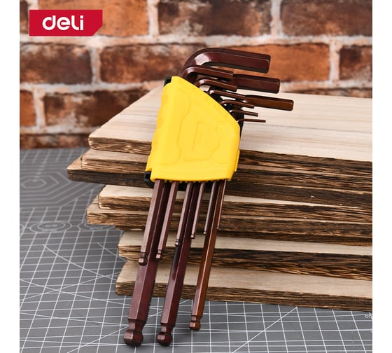 Набор шестигранных ключей с шаром удлиненных DELI 9шт DL230709G сталь S2, пластиковый держатель 166236