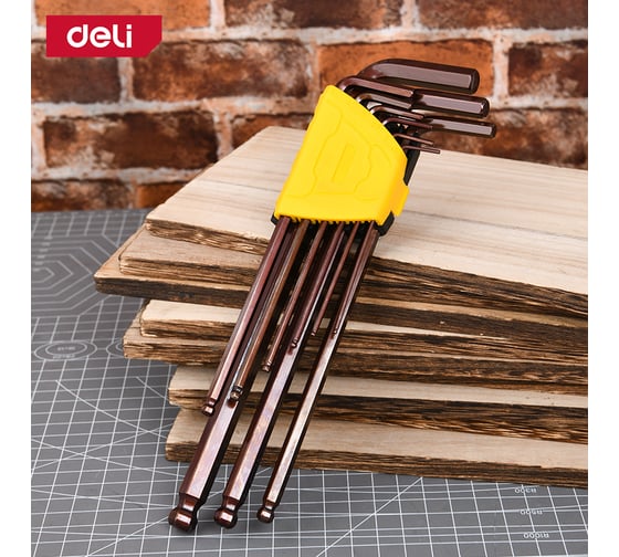 Набор шестигранных ключей с шаром сверхдлинных DELI 9шт DL230809G сталь S2, пластиковый держатель 166238