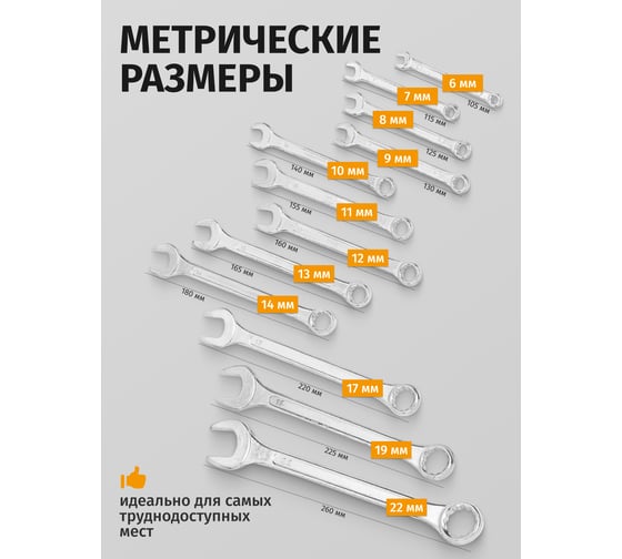 Ключи комбинированные MEGATOOLS набор 12 предметов (6-14, 17, 19, 22мм) в пласт. держателе MT-5123MP(58931)