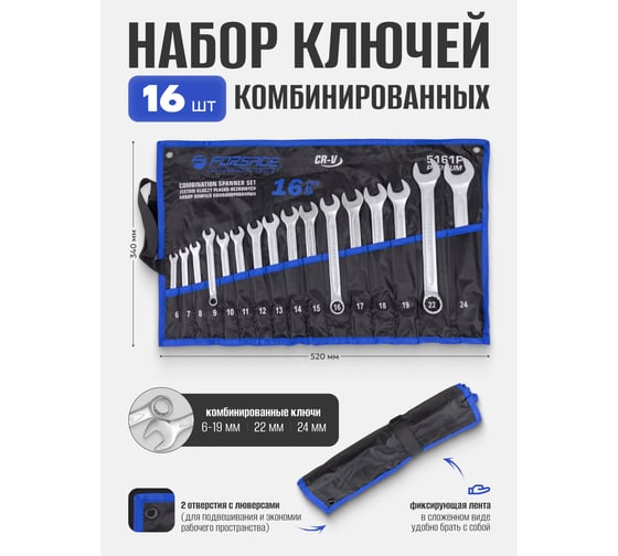 Набор ключей комбинированных Forsage 16 предметов 6-19,22,24мм F-5161P Premium(61123)