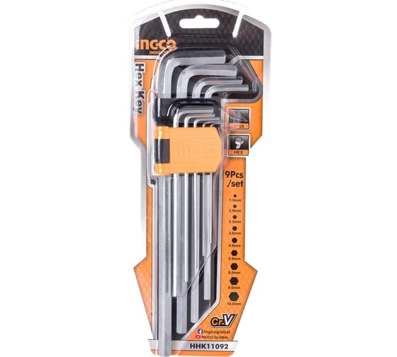 Набор шестигранников INGCO HEX 1.5-10мм Extra Long INDUSTRIAL HHK11092