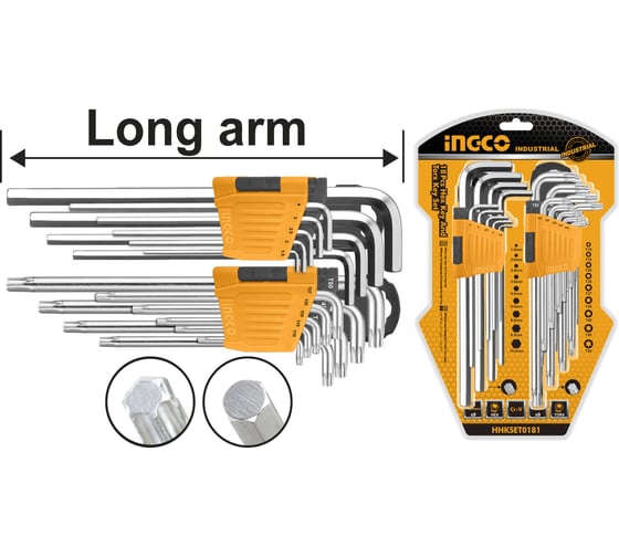 Набор шестигранных ключей INGCO 18 шт. HEX1,5-10мм, TORX Т10-Т50 INDUSTRIAL HHKSET0181