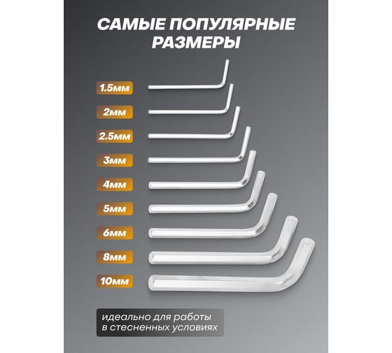 Ключи FORSTIME Г-образные 6-гранные, набор 10 предметов (1.5-6, 8, 10 мм) FT-5102(61121)
