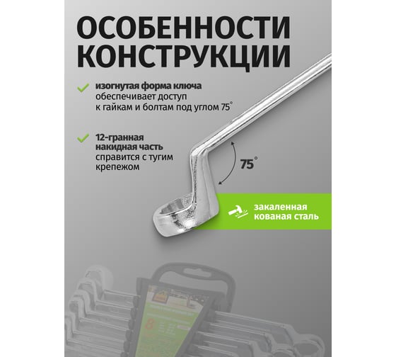 Ключи накидные ISMA набор 8 предметов (6х7, 8х9, 10х11, 12х13, 14х15, 16х17, 18х19, 21х22мм) ISMA-5088MP(58836)