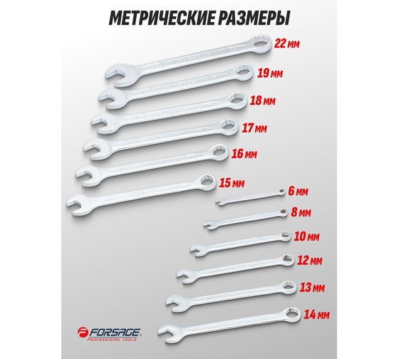 Набор ключей комбинированных Forsage 15 градусов, 12пр. (6-14, 17, 19, 22мм), в пластиковом держателе F-5126B(17114)