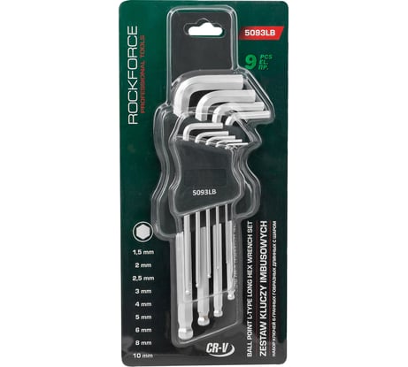 Набор Г-образных 6-гранных длинных ключей с шаром Rockforce 1.5, 2, 2.5, 3, 4, 5, 6, 8, 10 мм, 9 предметов в пластиковом держателе RF-5093LB(18834)