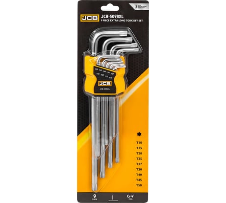 Ключи Г-образные TORX экстра длинные JCB Т10, Т15, Т20, Т25, Т27, Т30, Т40, Т45, Т50, набор 9 предметов JCB-5098XL(61122)