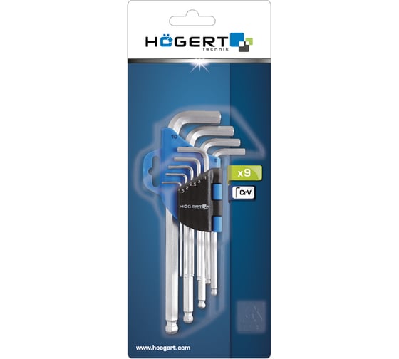 Шестигранные ключи HOEGERT TECHNIK удлиненные, с шаровым наконечником, CrV, 9шт HT1W804