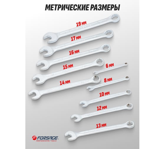 Набор ключей комбинированных Forsage 10 предметов (6, 8, 10, 12-17, 19 мм) на пластиковом держателе F-5106(17112)