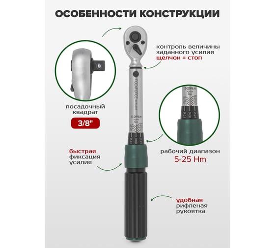 Динамометрический ключ ROCKFORCE щелчкового типа Premium 5-25Нм, 3/8 RF-6473295(48610)