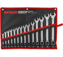 Набор ключей комбинированных PATRON 14 предметов 10, 12, 13, 14, 15, 16, 17, 18, 19, 21, 24, 27, 30, 32 мм, на полотне (14554) P-5141