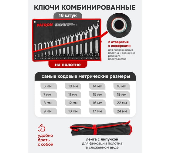 Набор ключей комбинированных Patron 16 предетов 6, 7, 8, 9, 10, 11, 12, 13, 14, 15, 16, 17, 18, 19, 22, 24 мм, на полотне (14554) P-5161M