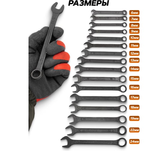 Набор ключей комбинированных ISMA 16 предметов ISMA-5161MP BLACK(64743)