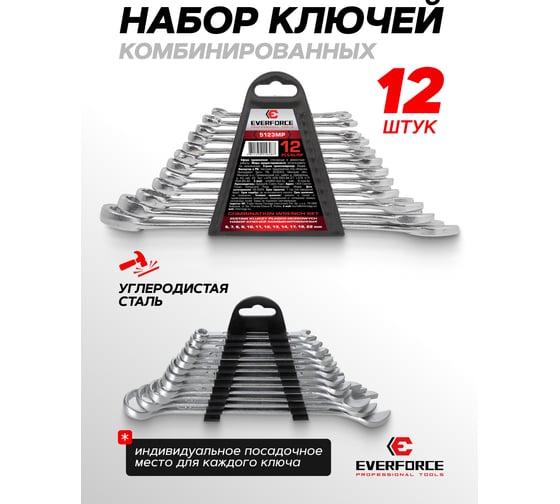 Ключи комбинированные EVERFORCE набор 12 предметов (6-14, 17, 19, 22мм) EF-5123MP(64535)