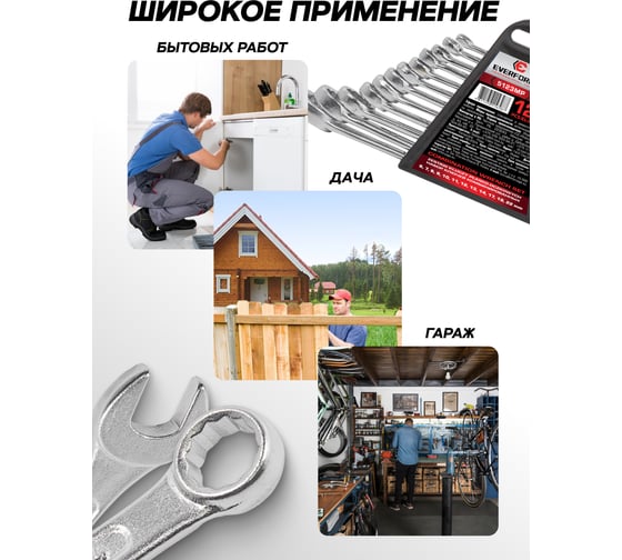 Ключи комбинированные EVERFORCE набор 12 предметов (6-14, 17, 19, 22мм) EF-5123MP(64535)
