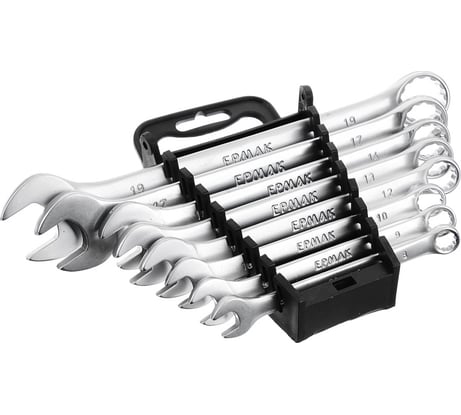 Набор рожково-накидных ключей ЕРМАК 8 предметов 8-19мм, матовые CRV, пластик холдер 736-049