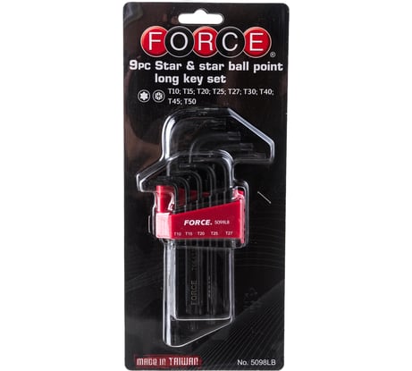 Набор торкс FORCE Г-образных удлиненных с шаром Т10-Т50, 9 предм. 5098LB
