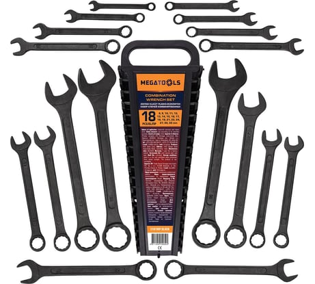 Ключи комбинированные MEGATOOLS набор 18 предметов (8-19, 21, 22, 24, 27, 30, 32мм) MT-5181MP BLACK(64640)