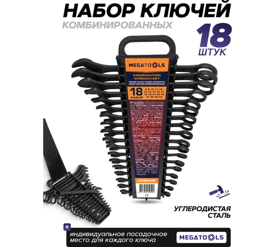 Ключи комбинированные MEGATOOLS набор 18 предметов (8-19, 21, 22, 24, 27, 30, 32мм) MT-5181MP BLACK(64640)
