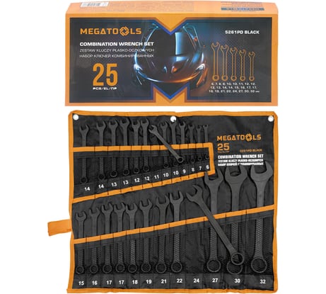 Ключи комбинированные MEGATOOLS набор 25 предметов (6-19, 21, 22, 24, 27, 30, 32мм) MT-5261PD BLACK(64643)