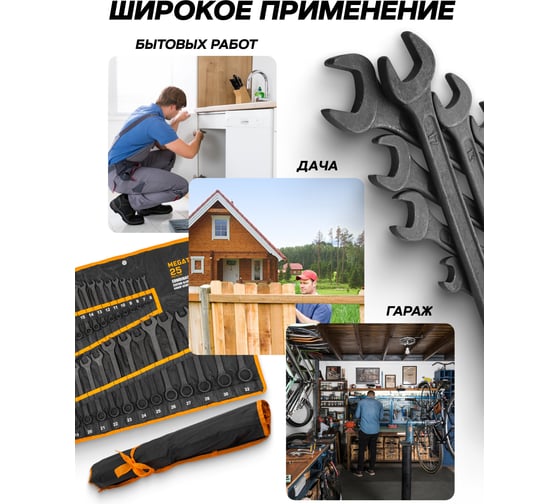 Ключи комбинированные MEGATOOLS набор 25 предметов (6-28, 30, 32мм) MT-5261P BLACK(64642)