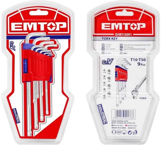 Набор шестигранников emtop Torx 9 шт T-10, T-15, T-20, T-25, T-27, T-30, T-40, T-45, T-50 EHKY3091