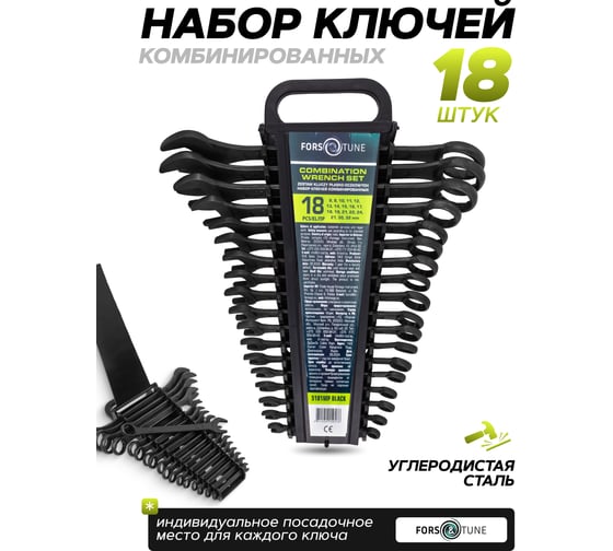 Ключи комбинированные FORS&TUNE набор 18 предметов (8-19, 21, 22, 24, 27, 30, 32 мм) FORSandTUNE-5181MP BLACK(65055)