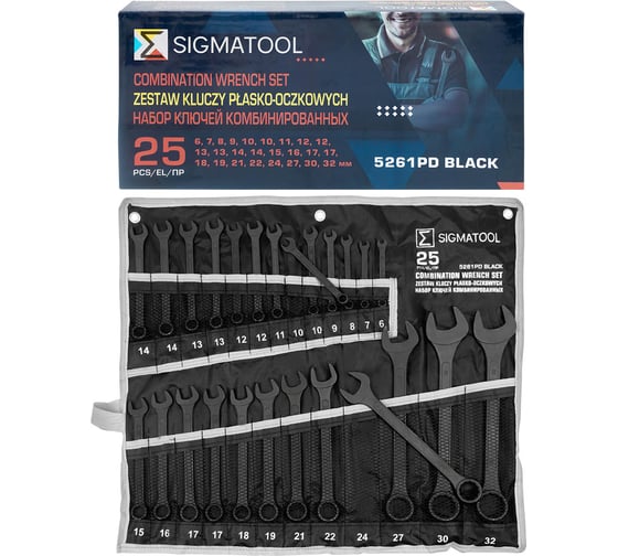 Ключи комбинированные SIGMATOOL набор 25 предметов (6-19, 21, 22, 24, 27, 30, 32мм) BLACK(64654) Sigmatool-5261PD BLACK(64654)