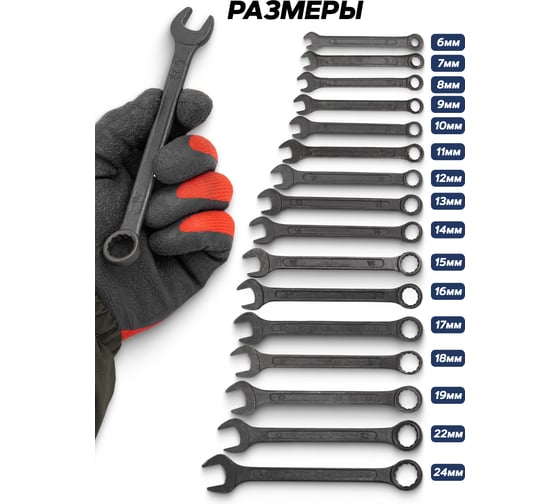 Ключи комбинированные SIGMATOOL набор 16 предметов (6-19, 22, 24 мм) Sigmatool-5161MP BLACK(64650)