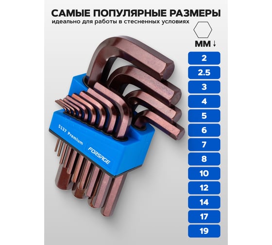 Набор ключей Г-образных 6-гранных Forsage Premium 13 предметов (2, 2.5, 3-8, 10, 12, 14, 17, 19мм) в пластиковом держателе F-5137 PREMIUM(65125)
