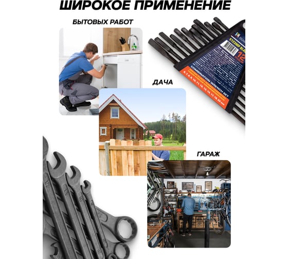 Ключи комбинированные SAMGRUPP набор 12 предметов, 6-14, 17, 19, 22 мм Sigmatool-5123MP BLACK(64647)