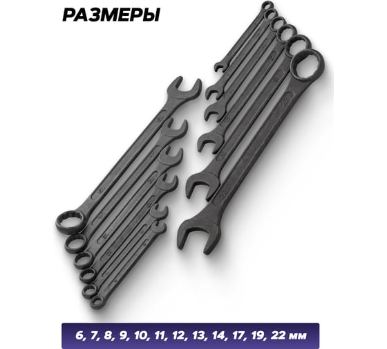Ключи комбинированные MEGATOOLS набор 12 предметов, 6-14, 17, 19, 22 мм MT-5123MP BLACK(64636)