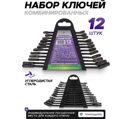 Набор ключей комбинированных Помощник 12 предметов (6-15,17,19мм), в пластиковом держателе 5124MP BLACK(62086)