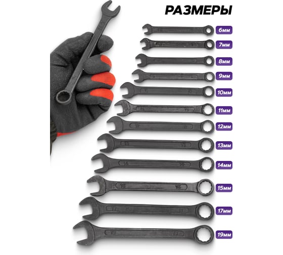 Набор ключей комбинированных Помощник 12 предметов (6-15,17,19мм), в пластиковом держателе 5124MP BLACK(62086)