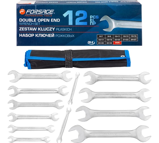 Ключи рожковые Forsage набор 12 предметов (6х7, 8х9, 10х11, 12х13, 14х15, 16х17, 18х19, 20х22, 21х23, 24х27, 25х28, 30х32мм) F-5122P(65656)