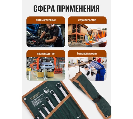Ключи накидные отогнутые Rockforce на 75 градусов, набор 6 предметов (6х7, 8х9, 10х11, 12х13, 14х15, 16х17мм) RF-50610P(65657)
