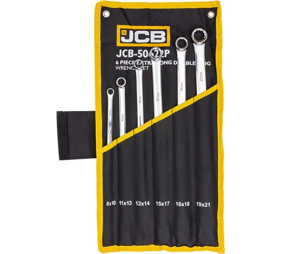 Ключи накидные экстра длинные JCB, набор 6 предметов, 8x10, 11x13, 12x14, 15x17, 16x18, 19x21мм, JCB-50622P(65929)