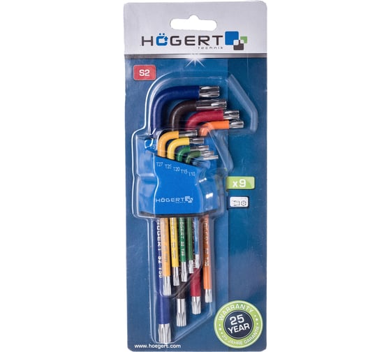 Набор Г-образных удлиненных ключей TORX HOEGERT TECHNIK с цветной маркировкой, Т10-Т50 HT1W817