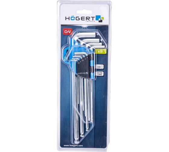 Набор шестигранных Г-образных удлиненных ключей HOEGERT TECHNIK CrV, 9 шт. HT1W808 1