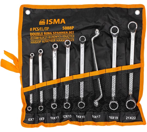 Ключи накидные ISMA отогнутые на 75 градусов набор 8 предметов (6х7, 8х9, 10х11, 12х13, 14х15, 16х17, 18х19, 21х22мм) -5088P(63047) ISMA-5088P(63047) 1
