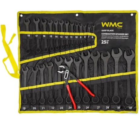 Набор ключей комбинированных и рожковых WMC TOOLS 25 предметов WMC-5261P+1 BLACK(63603)