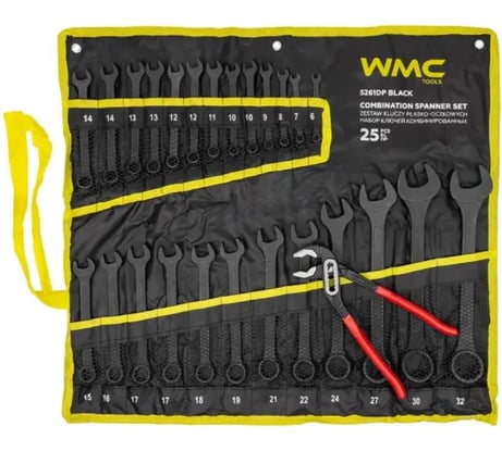 Набор ключей комбинированных и рожковых WMC TOOLS 25 предметов WMC-5261DP+1 BLACK(63596)