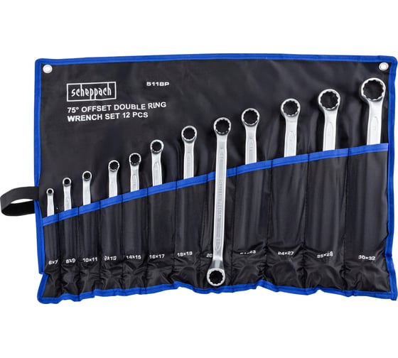 Ключи накидные отогнутые на 75 град., набор 12 предметов (6х7, 8х9, 10х11, 12х13, 14х15, 16х17, 18х19, 20х22, 21х23, 24х27, 25х28, 30х32мм) Scheppach Sch-5118P(63270) 1