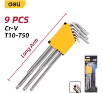 Набор шестигранных ключей DELI TORX сверхдлинных 9шт DL3095, размеры Т10,Т15,Т20,Т25,Т27,Т30,Т40,Т45,Т50 220428
