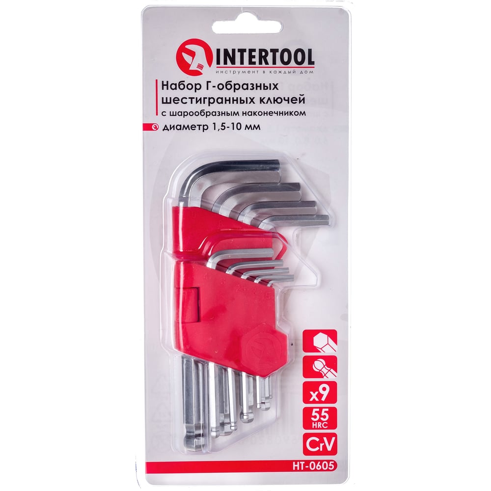 Набор Г-образных шестигранных ключей INTERTOOL 9 ед., 1.5-10 мм, Cr-V, 55  HRC Small HT-0605 - выгодная цена, отзывы, характеристики, фото - купить в  Москве и РФ