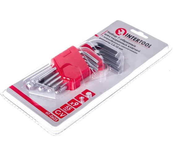 Набор Г-образных шестигранных ключей INTERTOOL 9 ед., 1.5-10 мм, Cr-V, 55 HRC Small HT-0605