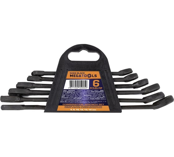 Ключи комбинированные MEGATOOLS набор 6пр. (6, 8, 10, 12-14мм) на пластиковом держателе MT-5068 BLACK(64634)