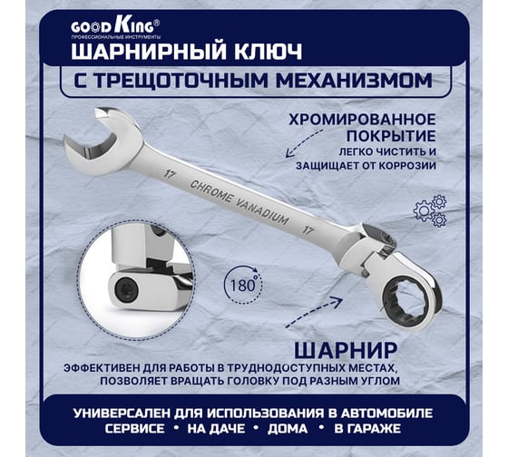Набор трещоточных ключей GOODKING TK-1107 с шарниром, в кейсе 7 предметов